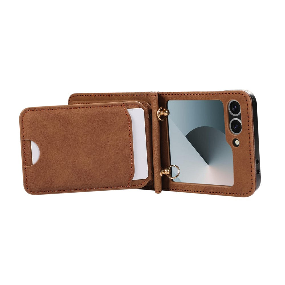 For Samsung Galaxy Z Flip7 FE 5G / Z Flip6 5G Case Card Holder Kickstand Leather + TPU Phone Cover with Shoulder Strap - Brown