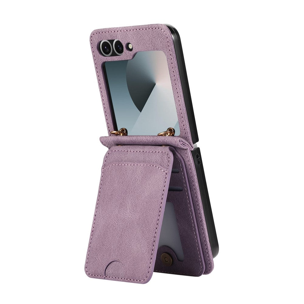 For Samsung Galaxy Z Flip7 FE 5G / Z Flip6 5G Case Card Holder Kickstand Leather + TPU Phone Cover with Shoulder Strap - Purple