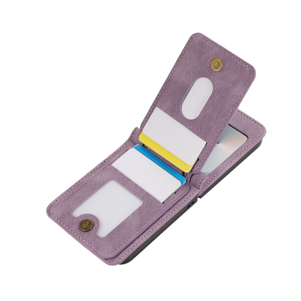 For Samsung Galaxy Z Flip7 FE 5G / Z Flip6 5G Case Card Holder Kickstand Leather + TPU Phone Cover with Shoulder Strap - Purple