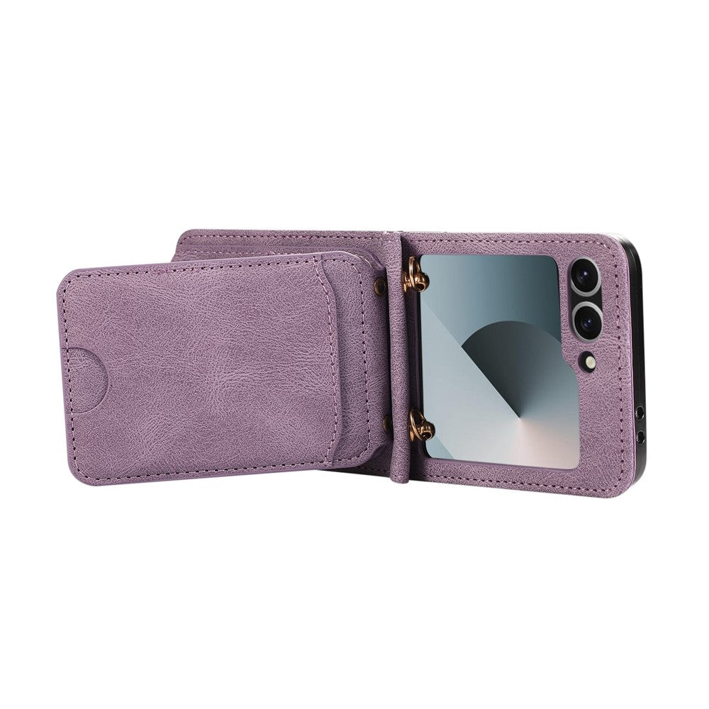 For Samsung Galaxy Z Flip7 FE 5G / Z Flip6 5G Case Card Holder Kickstand Leather + TPU Phone Cover with Shoulder Strap - Purple
