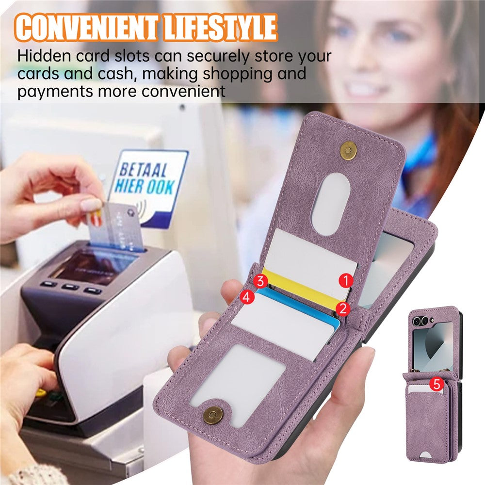 For Samsung Galaxy Z Flip7 FE 5G / Z Flip6 5G Case Card Holder Kickstand Leather + TPU Phone Cover with Shoulder Strap - Purple