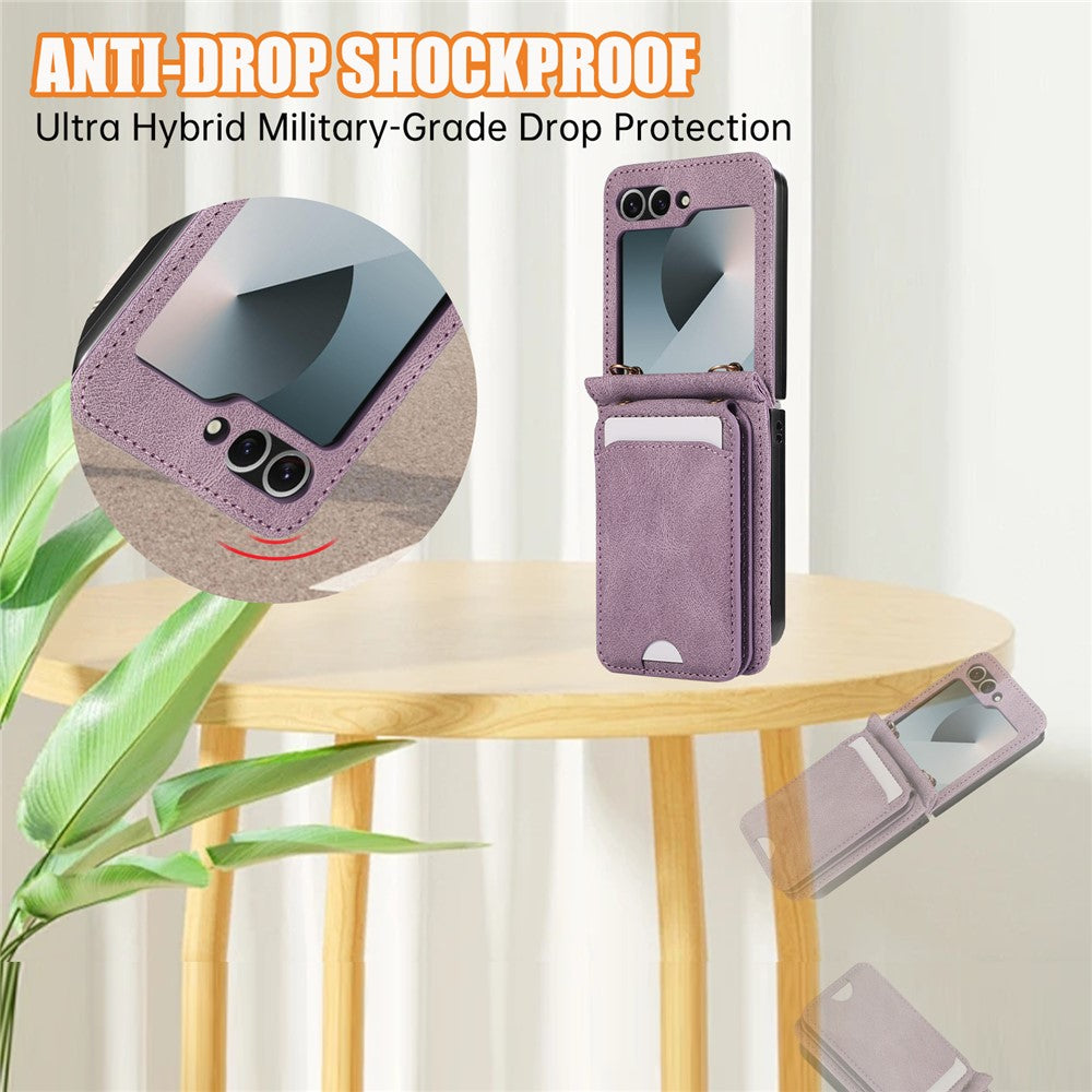 For Samsung Galaxy Z Flip7 FE 5G / Z Flip6 5G Case Card Holder Kickstand Leather + TPU Phone Cover with Shoulder Strap - Purple