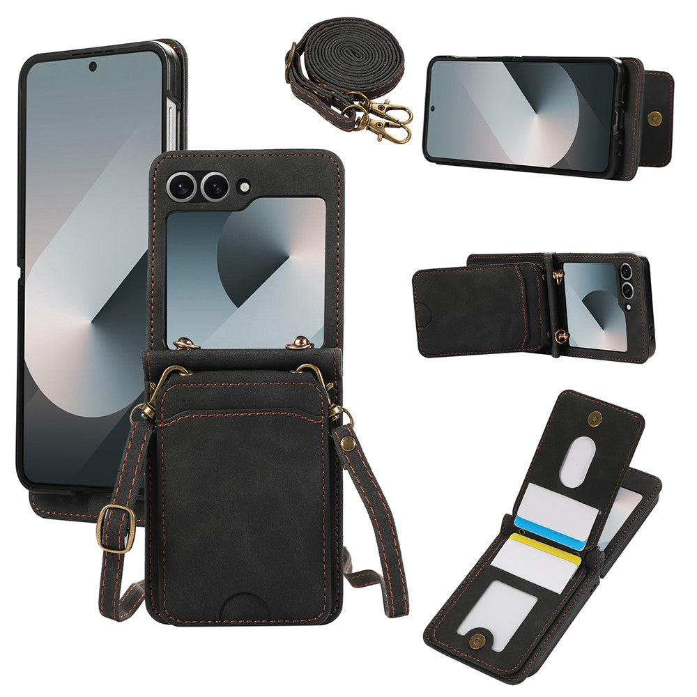 For Samsung Galaxy Z Flip7 FE 5G / Z Flip6 5G Case Card Holder Kickstand Leather + TPU Phone Cover with Shoulder Strap - Black