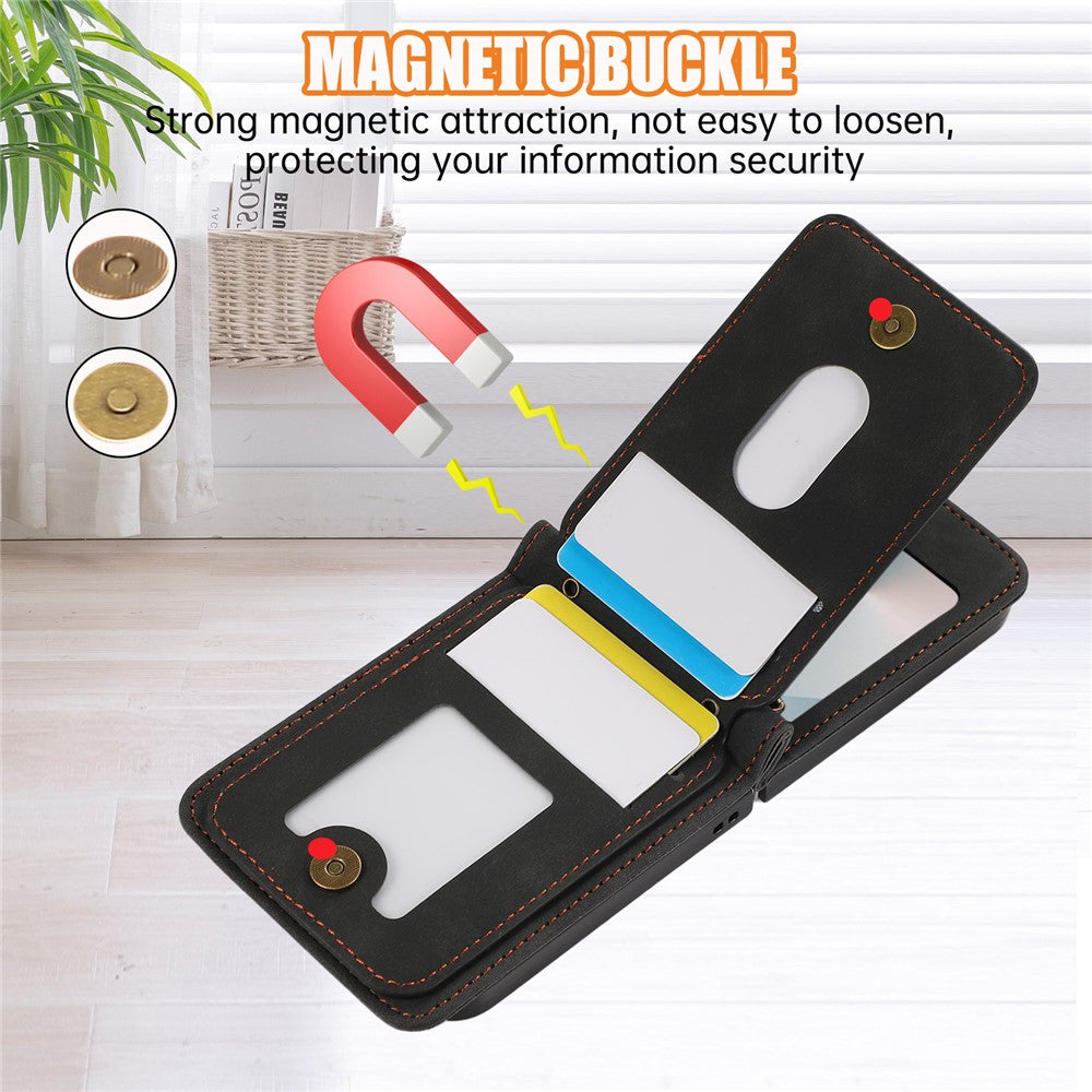 For Samsung Galaxy Z Flip7 FE 5G / Z Flip6 5G Case Card Holder Kickstand Leather + TPU Phone Cover with Shoulder Strap - Black