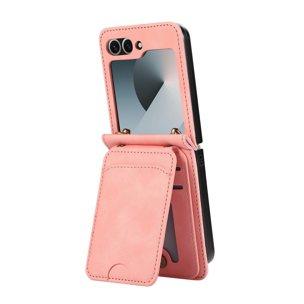 For Samsung Galaxy Z Flip7 FE 5G / Z Flip6 5G Case Card Holder Kickstand Leather + TPU Phone Cover with Shoulder Strap - Pink