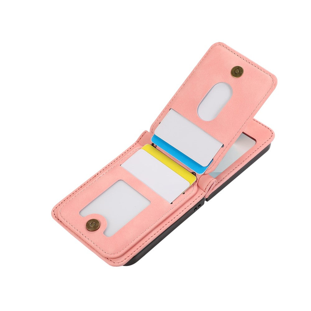 For Samsung Galaxy Z Flip7 FE 5G / Z Flip6 5G Case Card Holder Kickstand Leather + TPU Phone Cover with Shoulder Strap - Pink