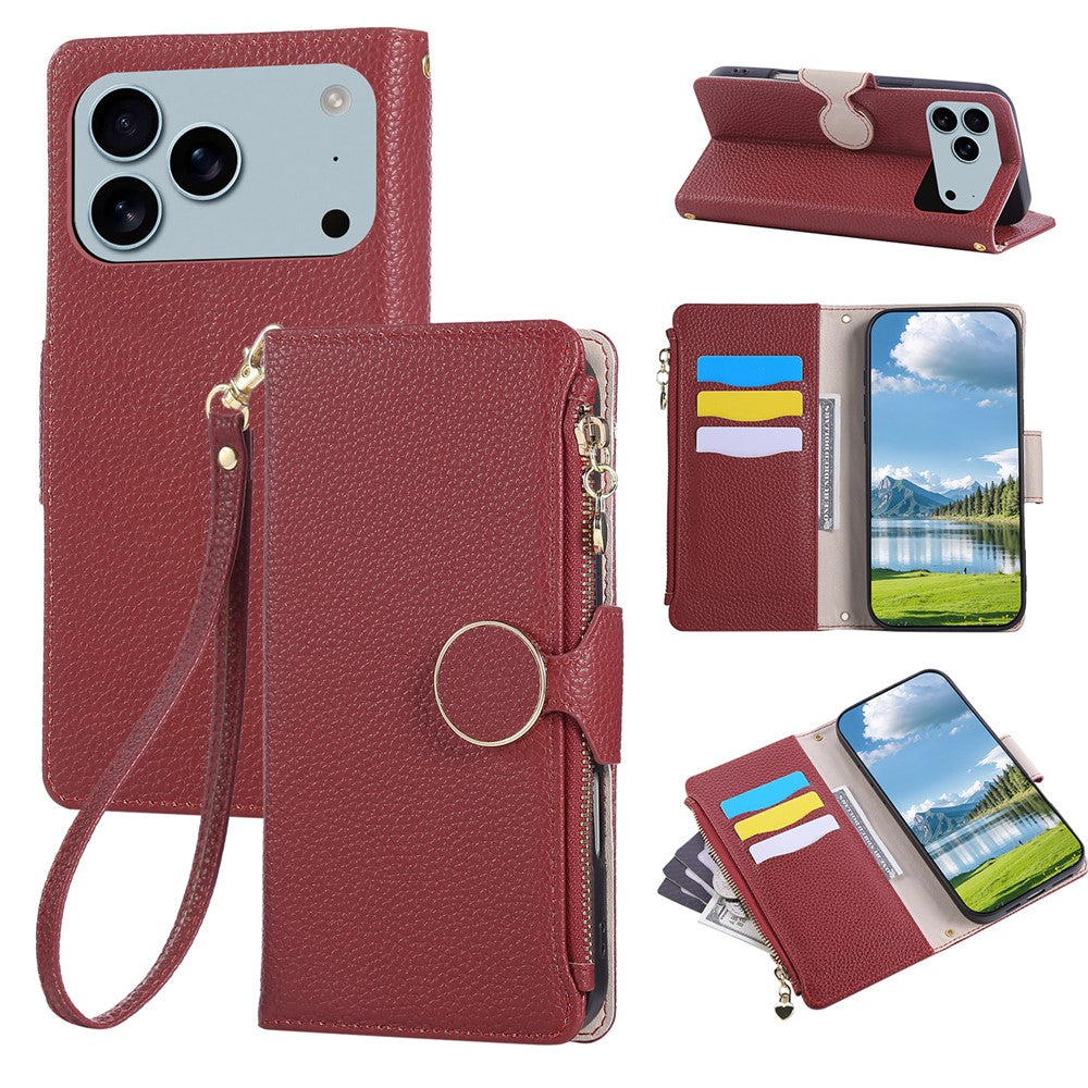 For iPhone 17 Pro Max Case Zipper Wallet Leather Phone Cover with Wrist Strap - Wine Red