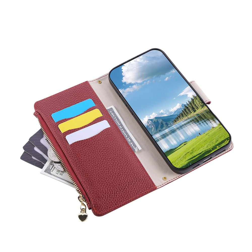 For iPhone 17 Pro Max Case Zipper Wallet Leather Phone Cover with Wrist Strap - Wine Red