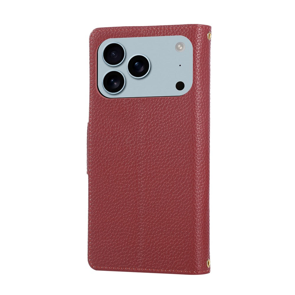 For iPhone 17 Pro Max Case Zipper Wallet Leather Phone Cover with Wrist Strap - Wine Red