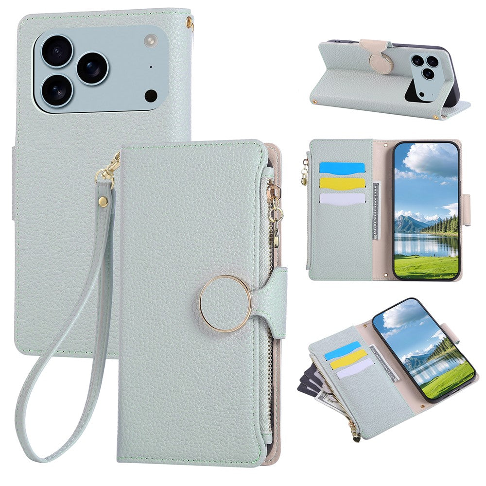 For iPhone 17 Pro Max Case Zipper Wallet Leather Phone Cover with Wrist Strap - Cyan