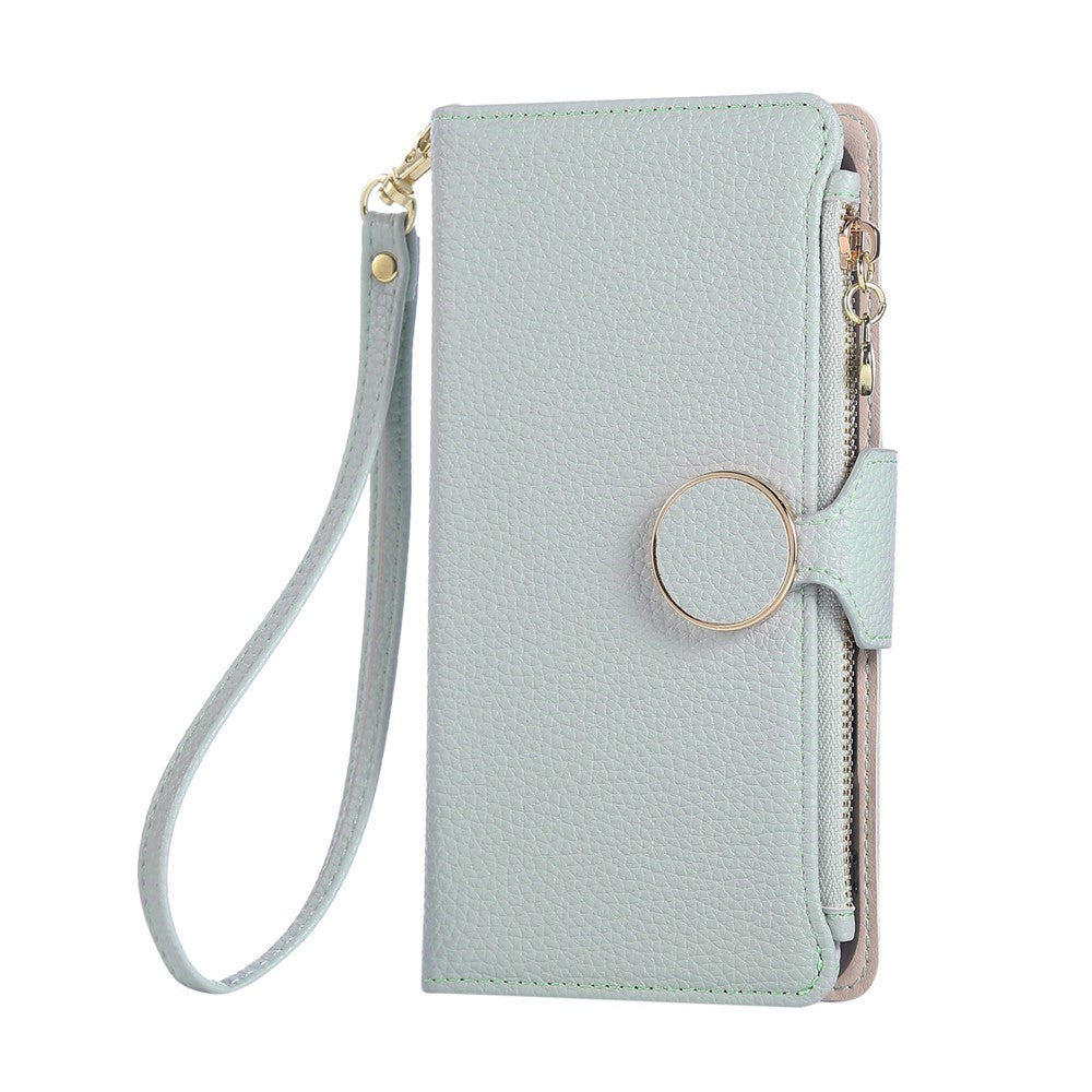 For iPhone 17 Pro Max Case Zipper Wallet Leather Phone Cover with Wrist Strap - Cyan