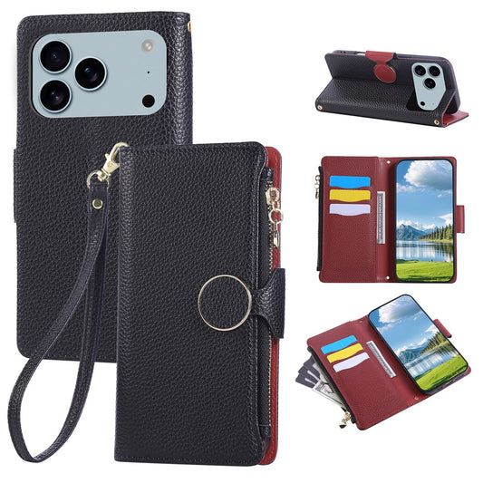 For iPhone 17 Pro Max Case Zipper Wallet Leather Phone Cover with Wrist Strap - Black