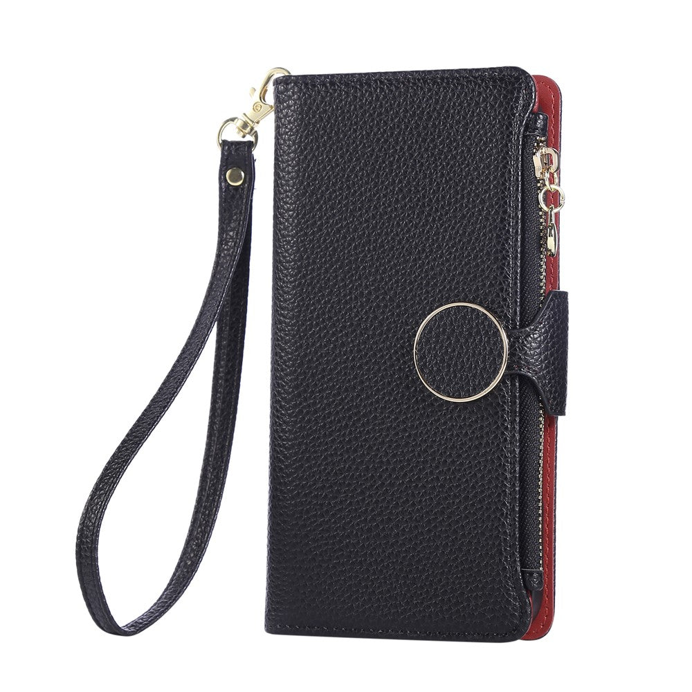 For iPhone 17 Pro Max Case Zipper Wallet Leather Phone Cover with Wrist Strap - Black