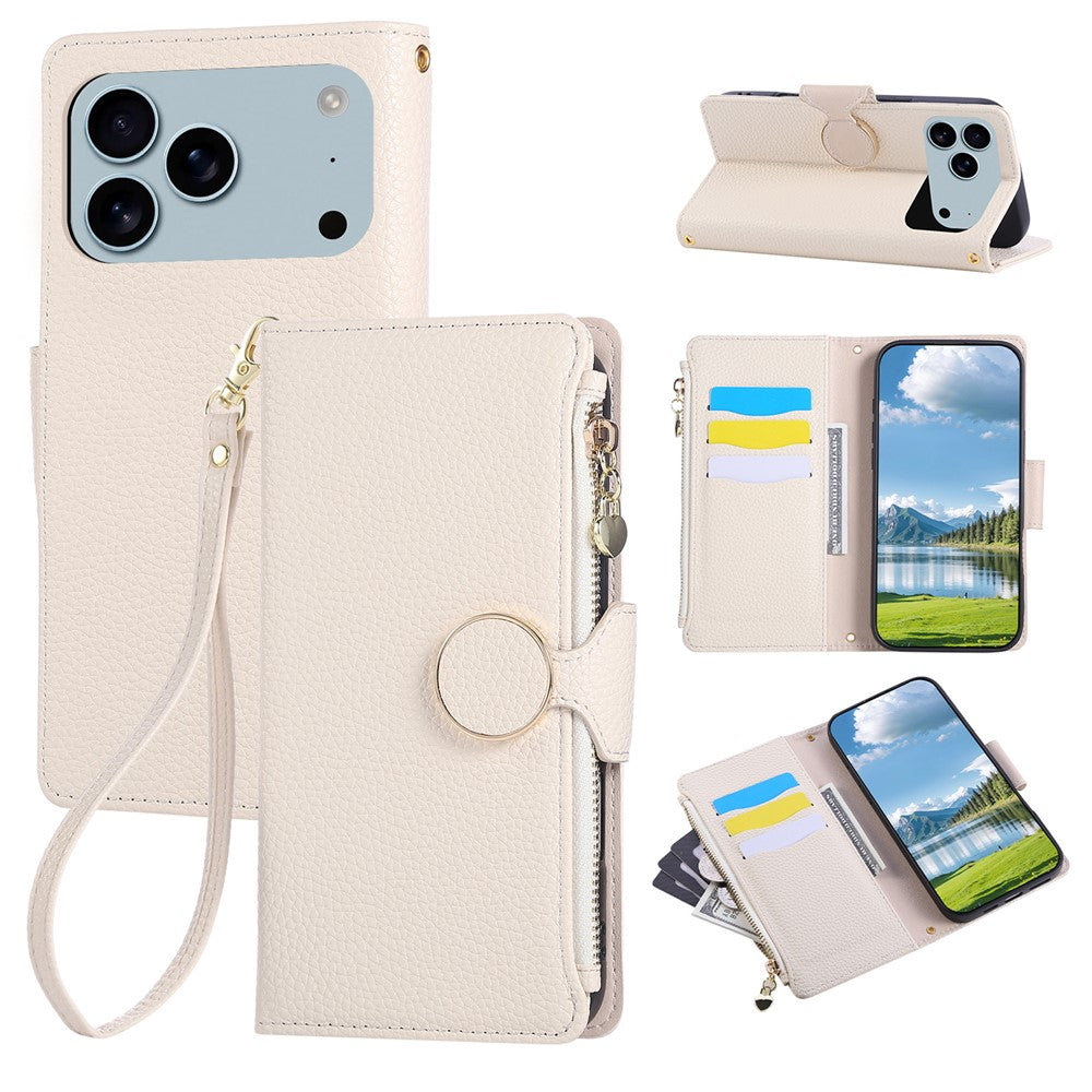 For iPhone 17 Pro Max Case Zipper Wallet Leather Phone Cover with Wrist Strap - Beige