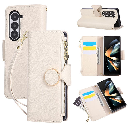 For Samsung Galaxy Z Fold7 5G Case Zipper Wallet Leather Phone Cover with Wrist Strap - Beige