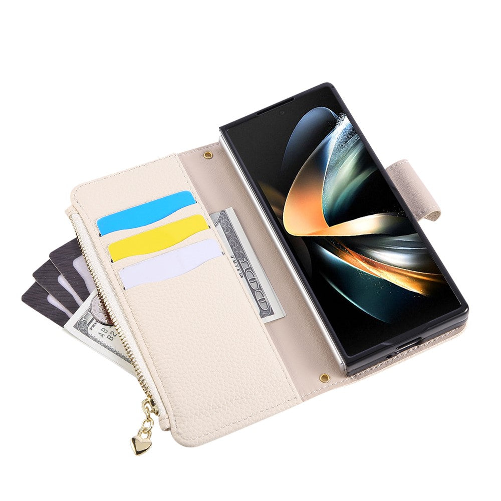 For Samsung Galaxy Z Fold7 5G Case Zipper Wallet Leather Phone Cover with Wrist Strap - Beige