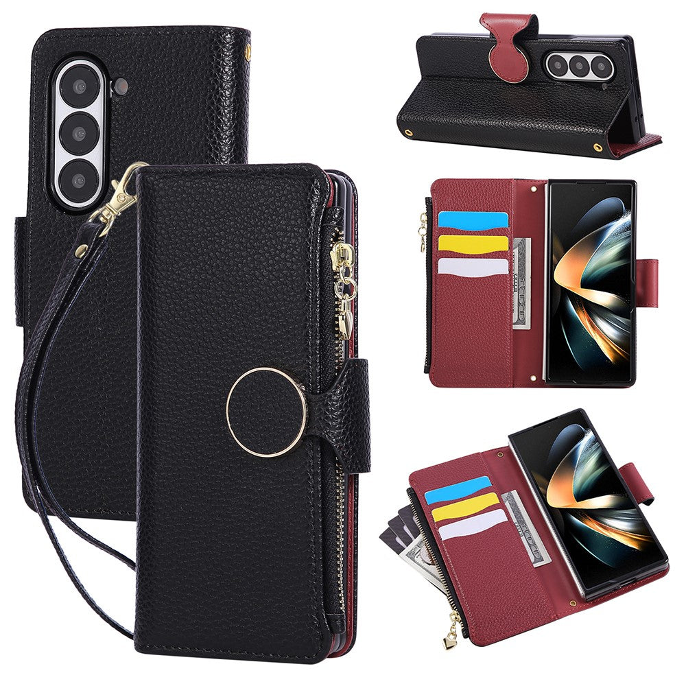 For Samsung Galaxy Z Fold7 5G Case Zipper Wallet Leather Phone Cover with Wrist Strap - Black