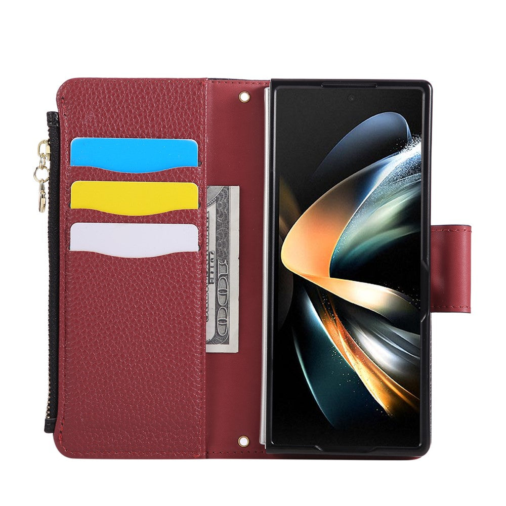 For Samsung Galaxy Z Fold7 5G Case Zipper Wallet Leather Phone Cover with Wrist Strap - Black