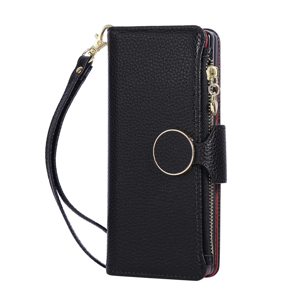 For Samsung Galaxy Z Fold7 5G Case Zipper Wallet Leather Phone Cover with Wrist Strap - Black
