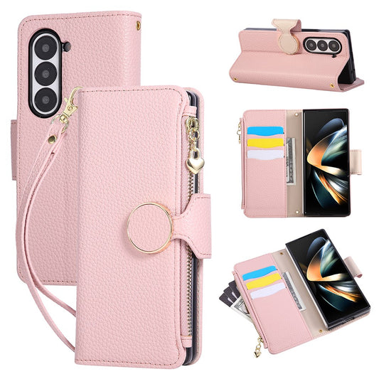 For Samsung Galaxy Z Fold7 5G Case Zipper Wallet Leather Phone Cover with Wrist Strap - Pink