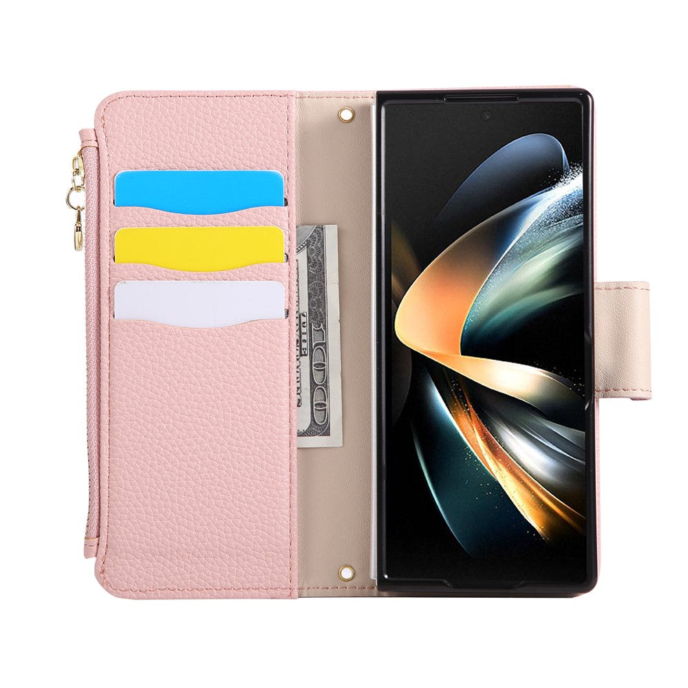 For Samsung Galaxy Z Fold7 5G Case Zipper Wallet Leather Phone Cover with Wrist Strap - Pink