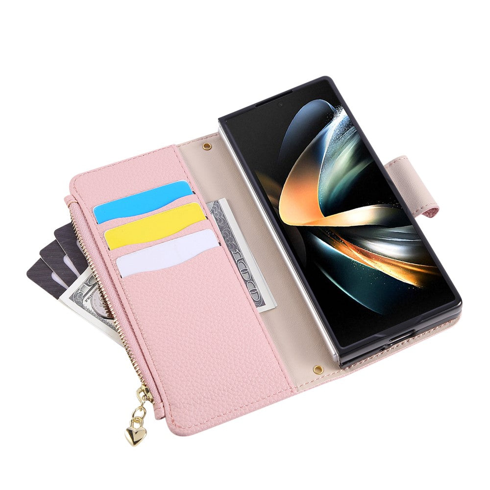 For Samsung Galaxy Z Fold7 5G Case Zipper Wallet Leather Phone Cover with Wrist Strap - Pink