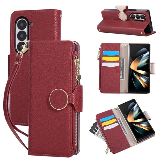 For Samsung Galaxy Z Fold7 5G Case Zipper Wallet Leather Phone Cover with Wrist Strap - Wine Red