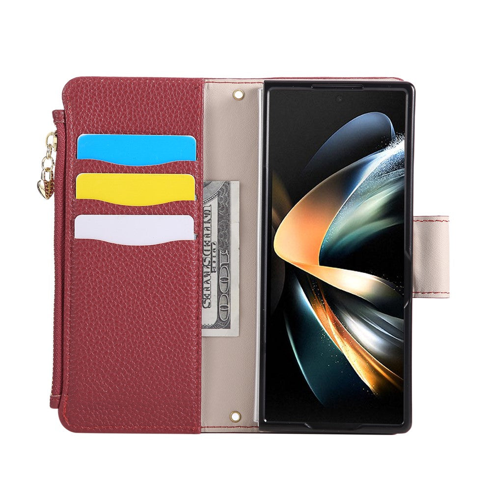 For Samsung Galaxy Z Fold7 5G Case Zipper Wallet Leather Phone Cover with Wrist Strap - Wine Red