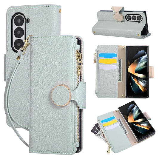 For Samsung Galaxy Z Fold7 5G Case Zipper Wallet Leather Phone Cover with Wrist Strap - Cyan