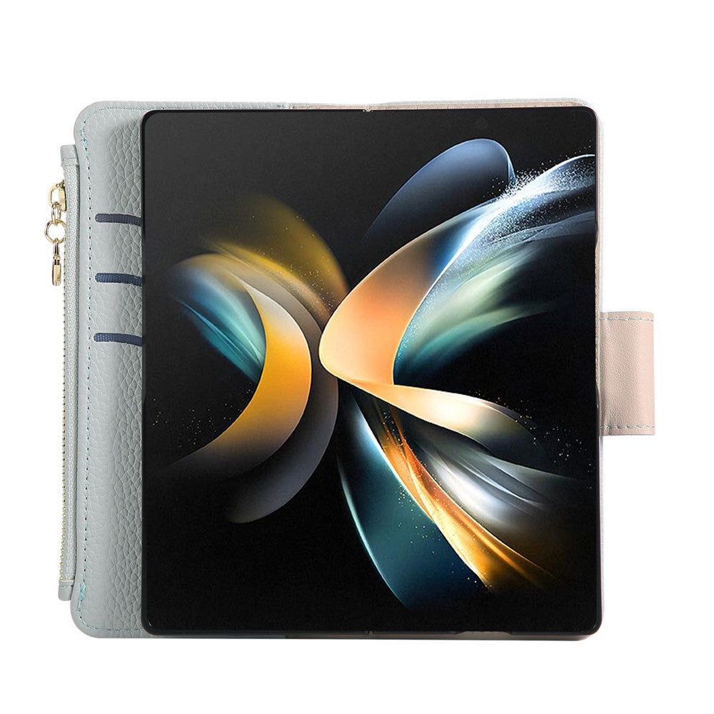 For Samsung Galaxy Z Fold7 5G Case Zipper Wallet Leather Phone Cover with Wrist Strap - Cyan