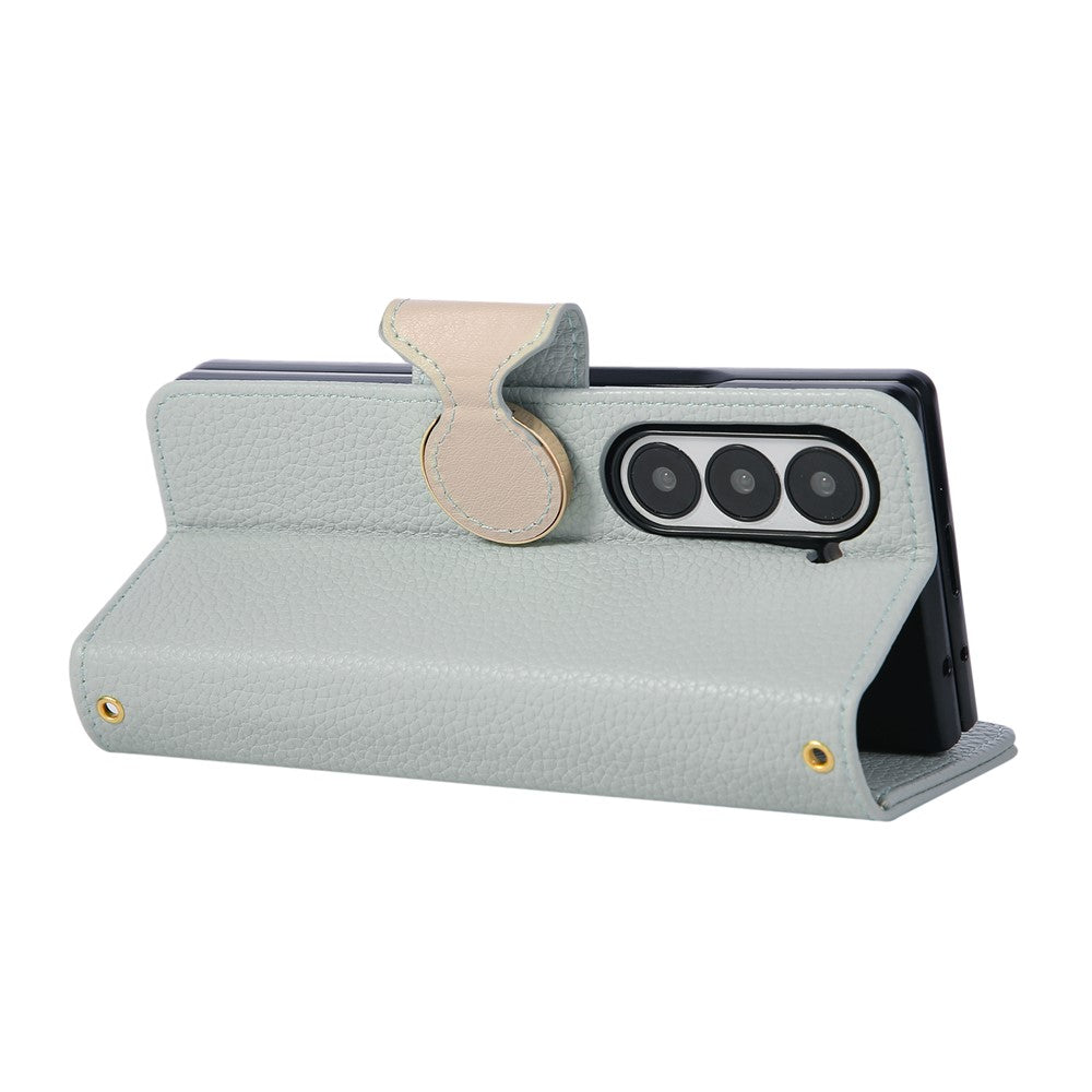 For Samsung Galaxy Z Fold7 5G Case Zipper Wallet Leather Phone Cover with Wrist Strap - Cyan