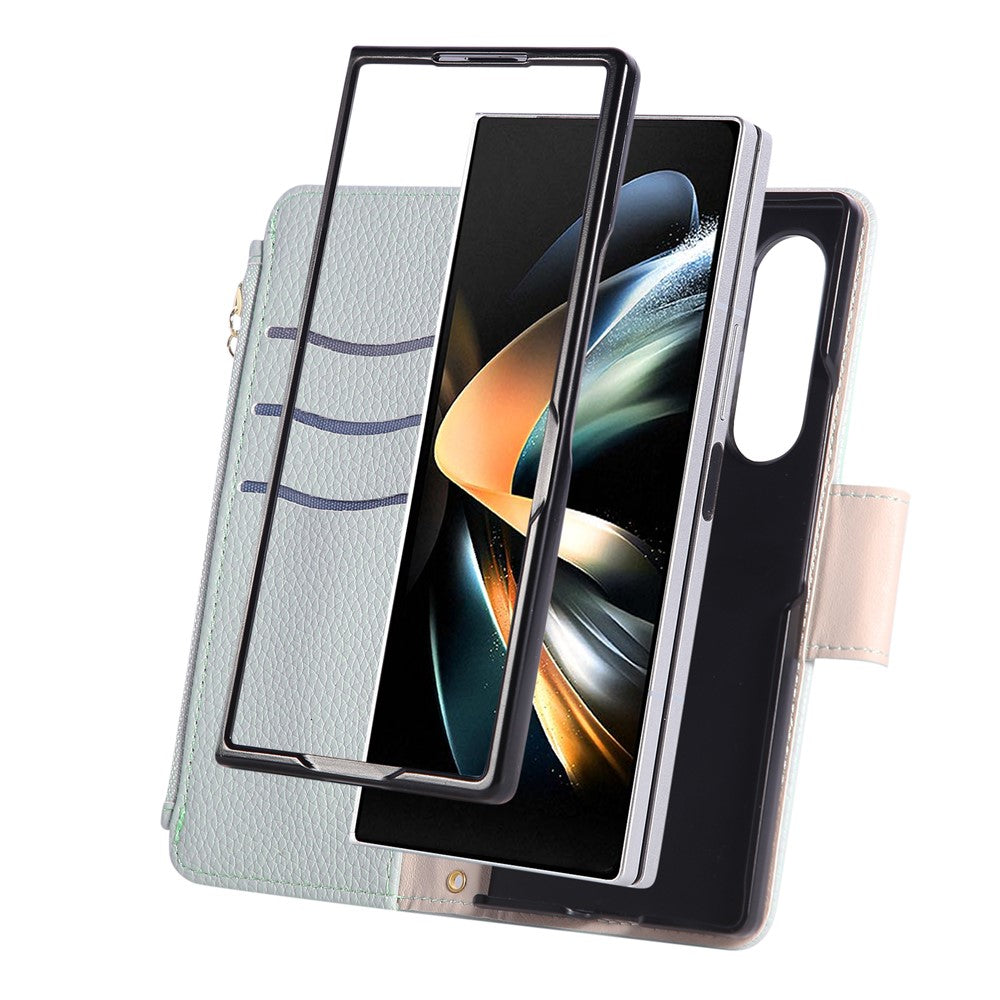 For Samsung Galaxy Z Fold7 5G Case Zipper Wallet Leather Phone Cover with Wrist Strap - Cyan