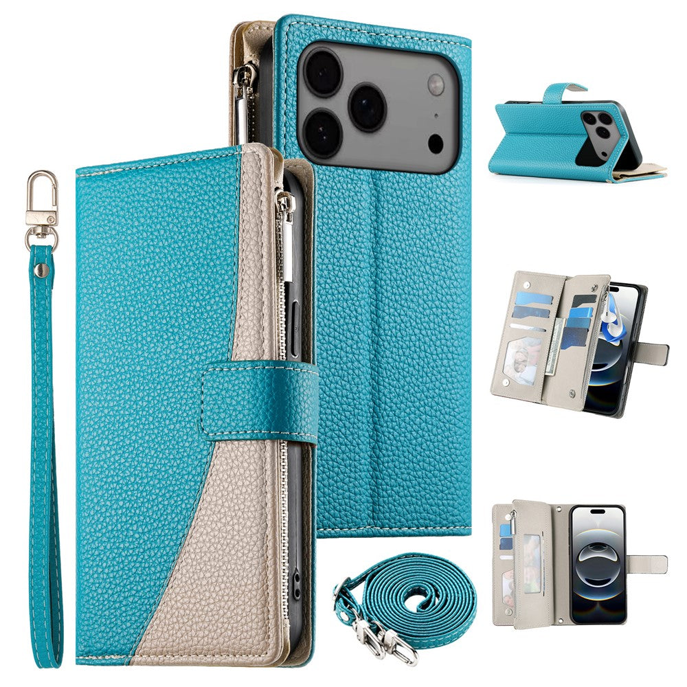 For iPhone 17 Pro Max Case Zipper Wallet Color Splicing Leather Flip Phone Cover with Straps - Lake Blue