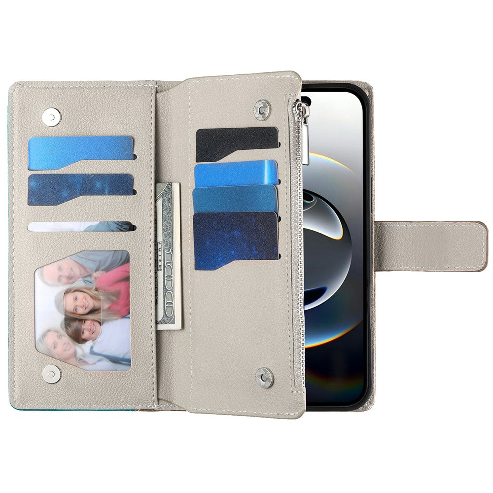 For iPhone 17 Pro Max Case Zipper Wallet Color Splicing Leather Flip Phone Cover with Straps - Lake Blue