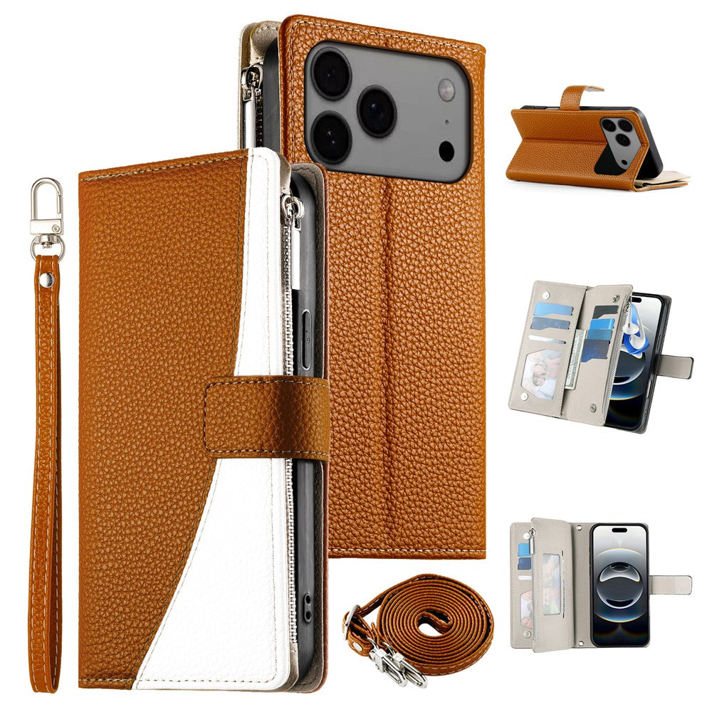 For iPhone 17 Pro Max Case Zipper Wallet Color Splicing Leather Flip Phone Cover with Straps - Brown