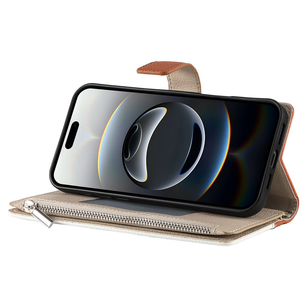 For iPhone 17 Pro Max Case Zipper Wallet Color Splicing Leather Flip Phone Cover with Straps - Brown