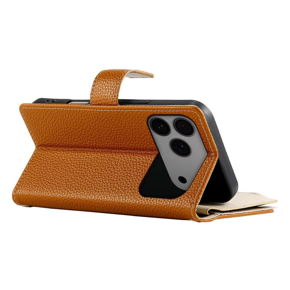 For iPhone 17 Pro Max Case Zipper Wallet Color Splicing Leather Flip Phone Cover with Straps - Brown