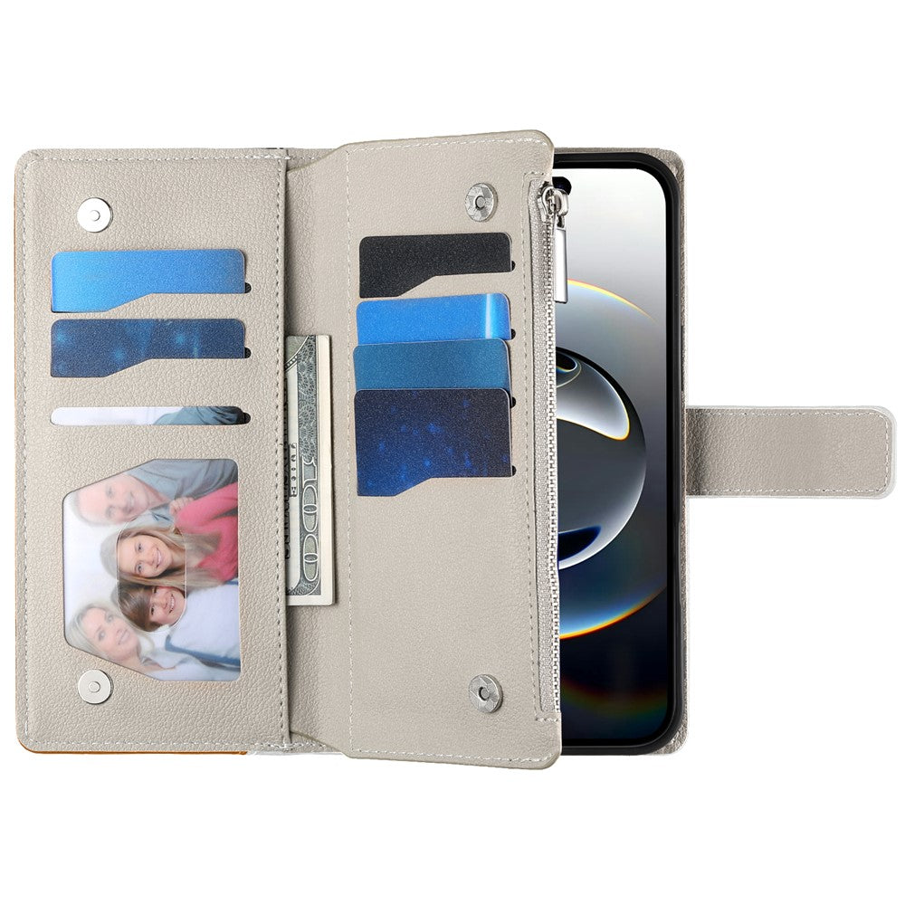 For iPhone 17 Pro Max Case Zipper Wallet Color Splicing Leather Flip Phone Cover with Straps - Brown