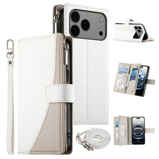 For iPhone 17 Pro Max Case Zipper Wallet Color Splicing Leather Flip Phone Cover with Straps - White
