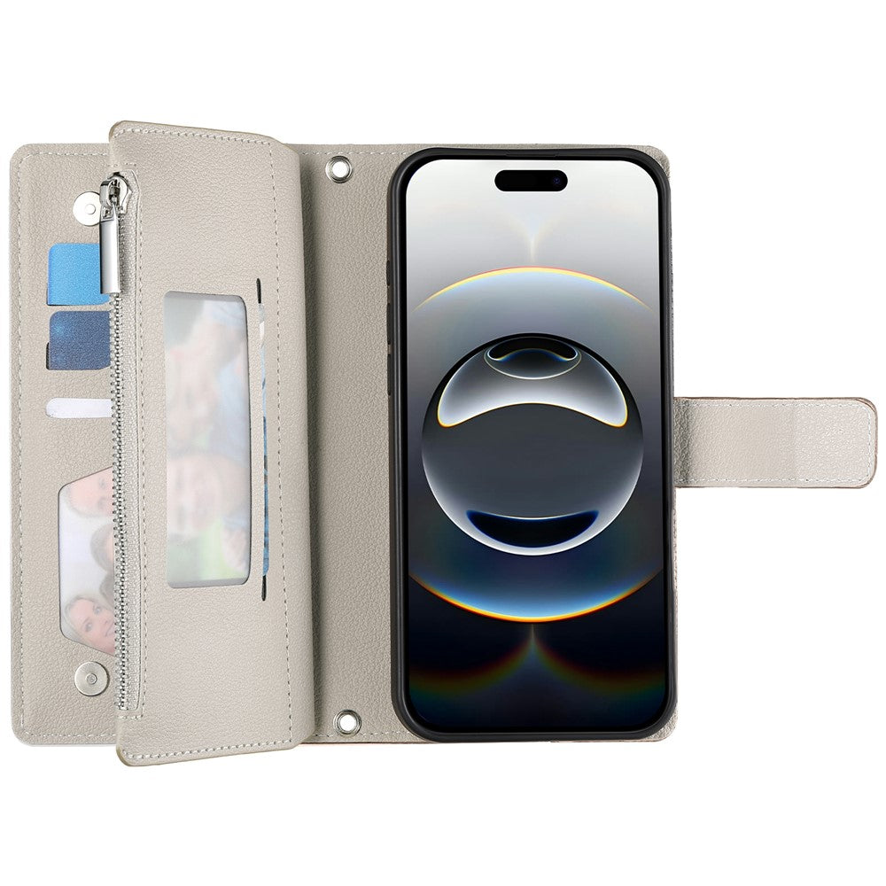 For iPhone 17 Pro Max Case Zipper Wallet Color Splicing Leather Flip Phone Cover with Straps - White