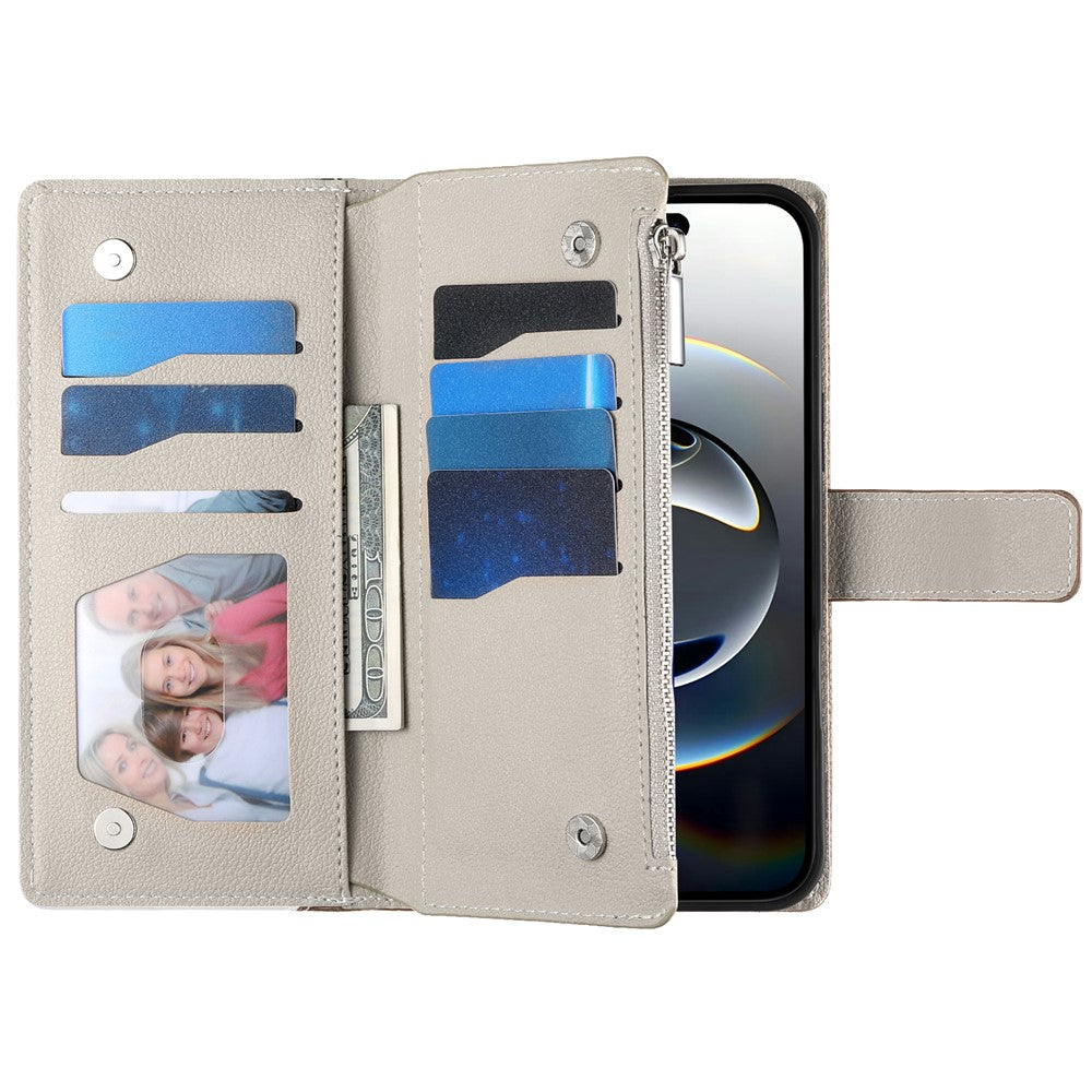 For iPhone 17 Pro Max Case Zipper Wallet Color Splicing Leather Flip Phone Cover with Straps - White