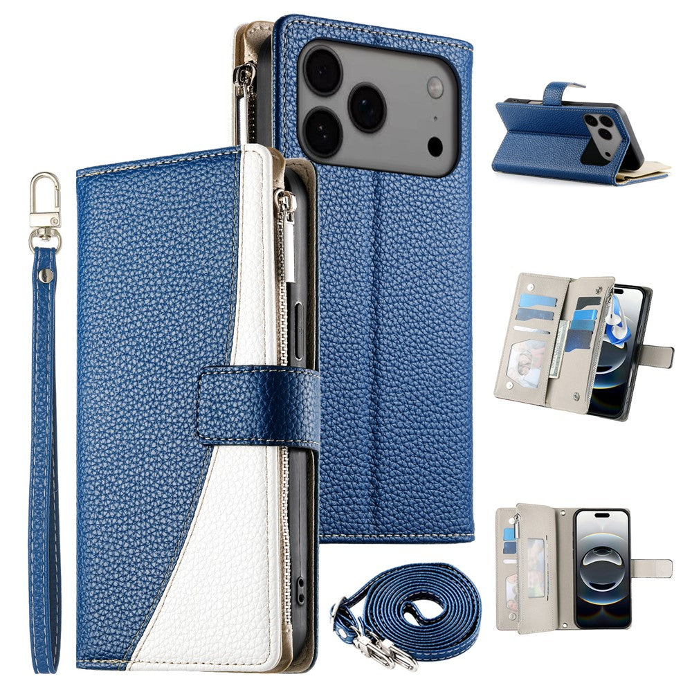 For iPhone 17 Pro Max Case Zipper Wallet Color Splicing Leather Flip Phone Cover with Straps - Dark Blue