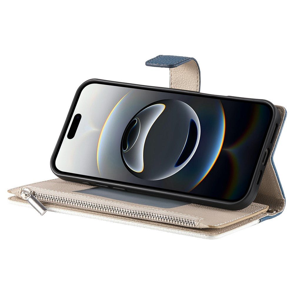 For iPhone 17 Pro Max Case Zipper Wallet Color Splicing Leather Flip Phone Cover with Straps - Dark Blue