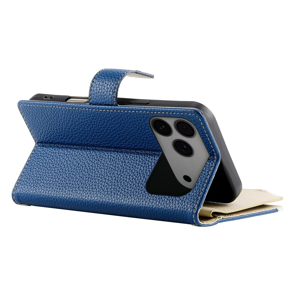For iPhone 17 Pro Max Case Zipper Wallet Color Splicing Leather Flip Phone Cover with Straps - Dark Blue
