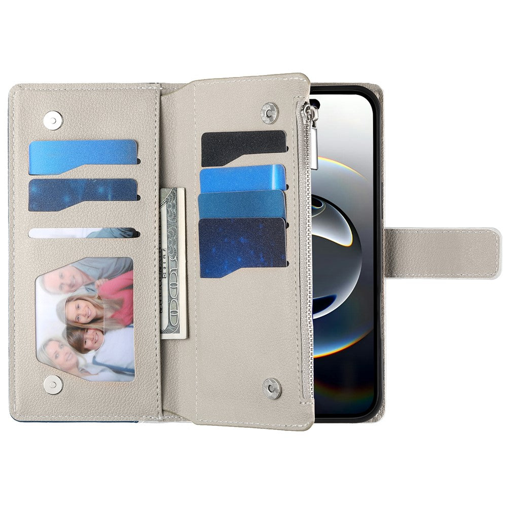 For iPhone 17 Pro Max Case Zipper Wallet Color Splicing Leather Flip Phone Cover with Straps - Dark Blue