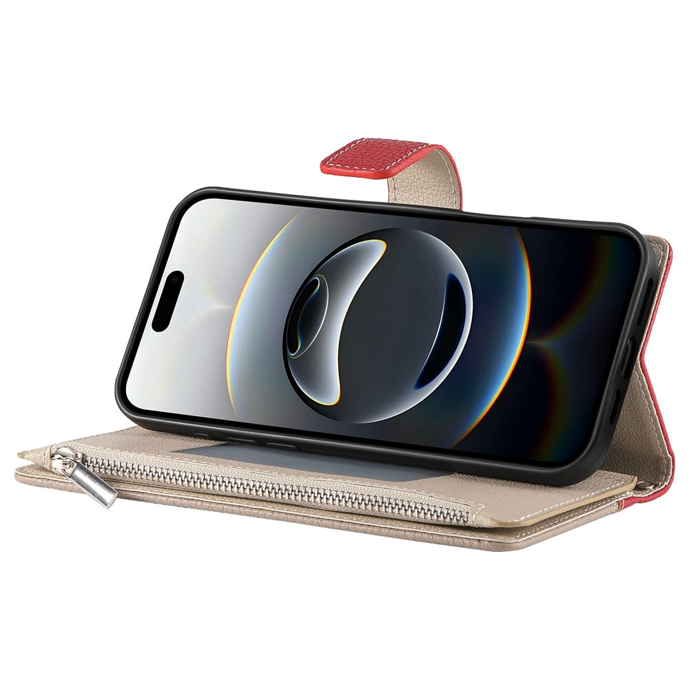 For iPhone 17 Pro Max Case Zipper Wallet Color Splicing Leather Flip Phone Cover with Straps - Red