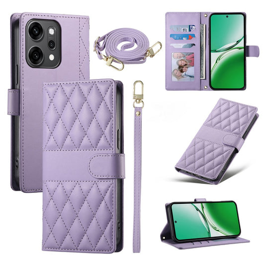 For Oppo Reno14 Pro 5G (Global) Case Rhombus Stitching Wallet Stand Leather Phone Cover with Long  /  Short Strap - Purple