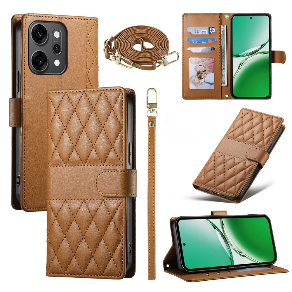 For Oppo Reno14 Pro 5G (Global) Case Rhombus Stitching Wallet Stand Leather Phone Cover with Long  /  Short Strap - Brown