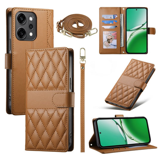 For Oppo Reno14 Pro 5G (Global) Case Rhombus Stitching Wallet Stand Leather Phone Cover with Long  /  Short Strap - Brown