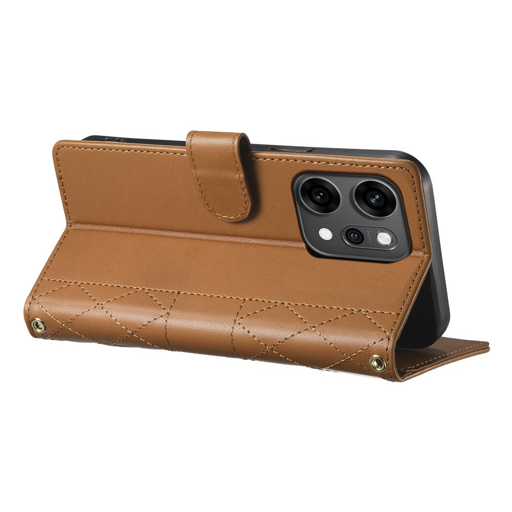 For Oppo Reno14 Pro 5G (Global) Case Rhombus Stitching Wallet Stand Leather Phone Cover with Long  /  Short Strap - Brown